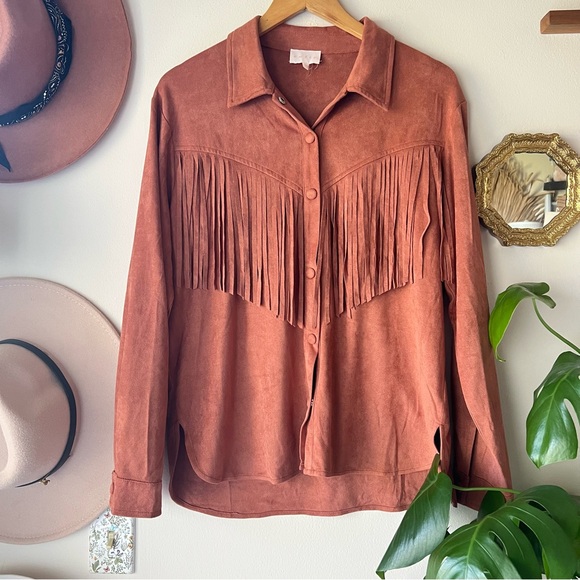 entro Tops - ENTRO long sleeve fringe button down shirt Terra cotta Womens SIZE LARGE western